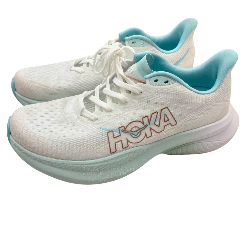 Hoka Mach 6 Running Shoes Womens 8 White Blue Rose Gold Sneakers Athetic Support